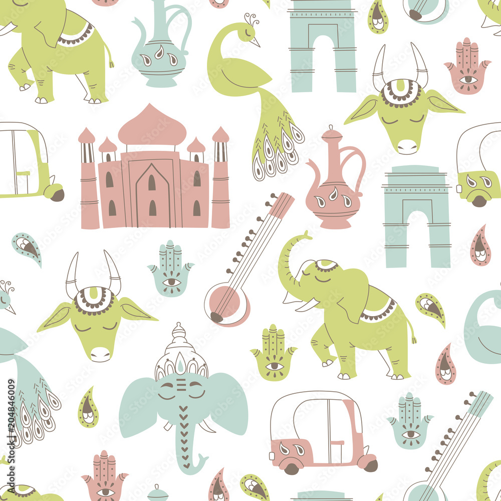 Fototapeta premium Seamless Pattern with Indian Elements. Hand Drawn Vector.