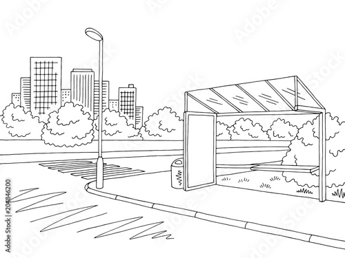 Bus stop graphic black white city street landscape sketch illustration vector