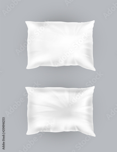 Vector 3d realistic comfortable square pillows. Template, mock up of white fluffy crumpled cushion for relaxation, sleep, nap, bedding, rest.