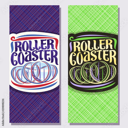 Vector vertical banners for Roller Coaster, cartoon train go down in loop of twist rollercoaster in amusement park, original brush typeface for words roller coaster on day and night background.