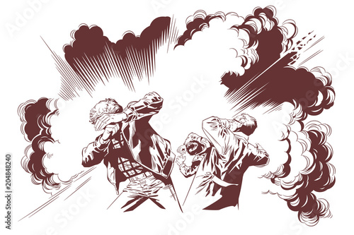 Explosion. Frightened people.