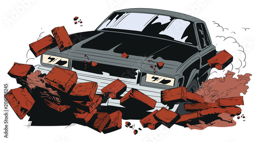 Car breaking wall. Stock illustration.