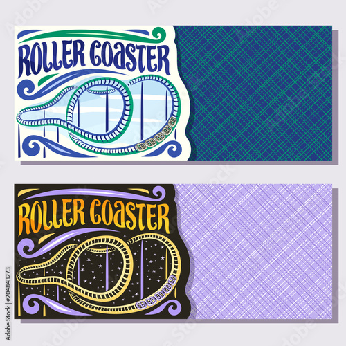 Vector banners for Roller Coaster with copy space, cartoon train go down in loop of twist rollercoaster in amusement park, original brush typeface for word roller coaster on day and night background