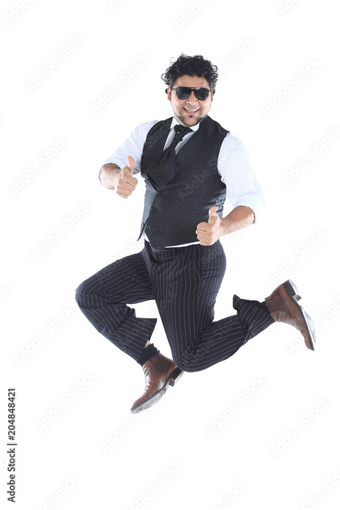 stylish DJ in sunglasses takes the dance break.photo on white background stylish DJ in sunglasses takes the dance break.photo on white background