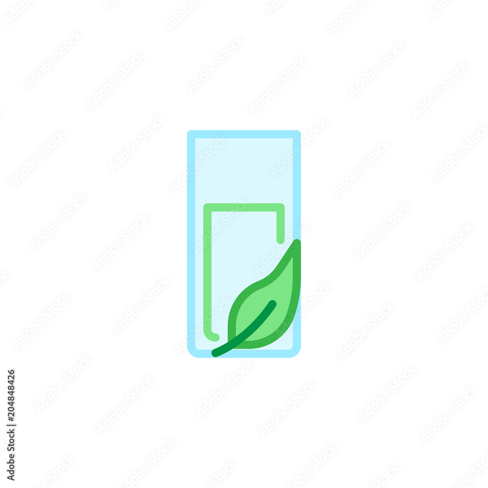 Glass of water and leaf flat icon, vector sign, colorful pictogram isolated on white. Healthy lifestyle symbol, logo illustration. Flat style design Glass of water and leaf flat icon, vector sign, colorful pictogram isolated on white. Healthy lifestyle symbol, logo illustration. Flat style design