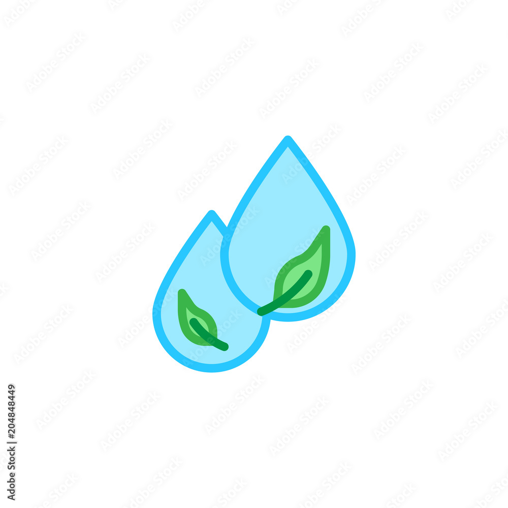 Water drops with leaves flat icon, vector sign, colorful pictogram isolated on white. Save Nature symbol, logo illustration. Flat style design Water drops with leaves flat icon, vector sign, colorful pictogram isolated on white. Save Nature symbol, logo illustration. Flat style design
