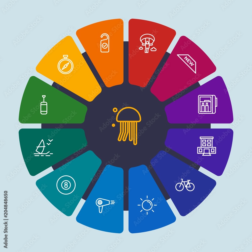 Obraz premium hotel, sports, shopping, travel Infographic Circle outline Icons Set. Contains such Icons as room, direction, refrigerator, wheel, blow, bicycle, fight and more. Fully Editable. Pixel Perfect