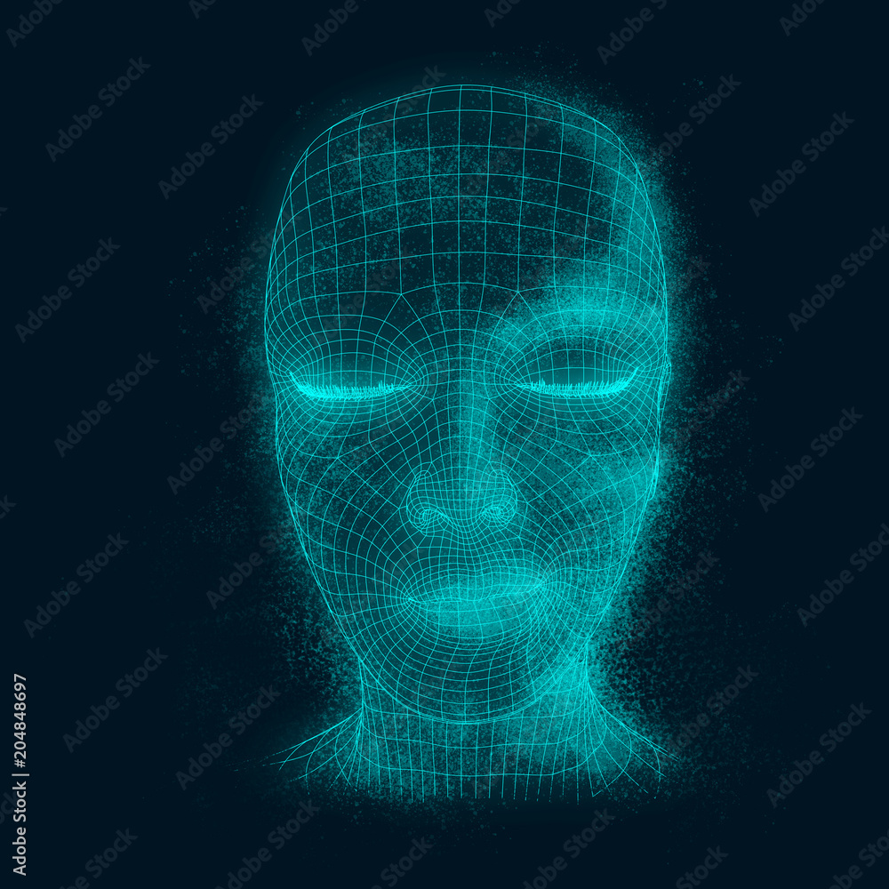Young woman face from a 3d Grid. Wire frame model. Polygonal geometric design. 3D rendering. Young woman face from a 3d Grid. Wire frame model. Polygonal geometric design. 3D rendering.