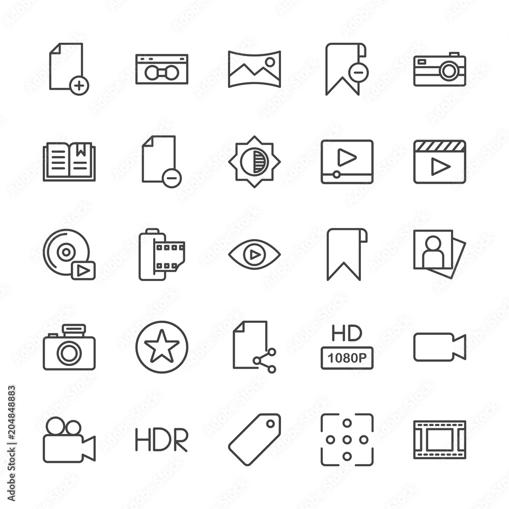 Modern Simple Set of video, photos, bookmarks, files Vector outline Icons. Contains such Icons as  file,  quality,  light,  lens,  sale, hd and more on white background. Fully Editable. Pixel Perfect.