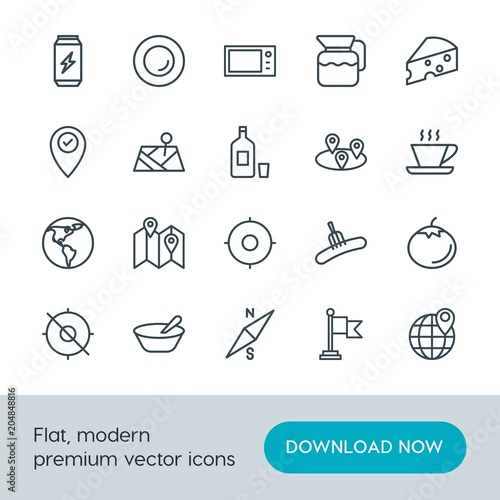 Fototapeta Naklejka Na Ścianę i Meble -  Modern Simple Set of food, location, drinks Vector outline Icons. Contains such Icons as  drink,  waving,  target, compass, location,  food and more on white background. Fully Editable. Pixel Perfect.