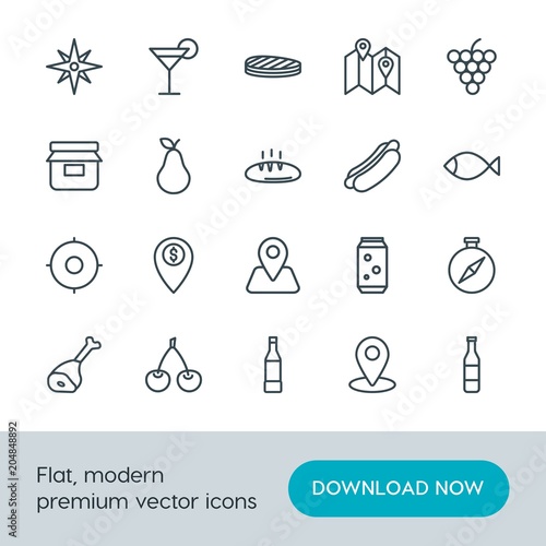 Modern Simple Set of food, location, drinks Vector outline Icons. Contains such Icons as  bread,  bank,  can,  travel,  business, jam,  pin and more on white background. Fully Editable. Pixel Perfect. photo