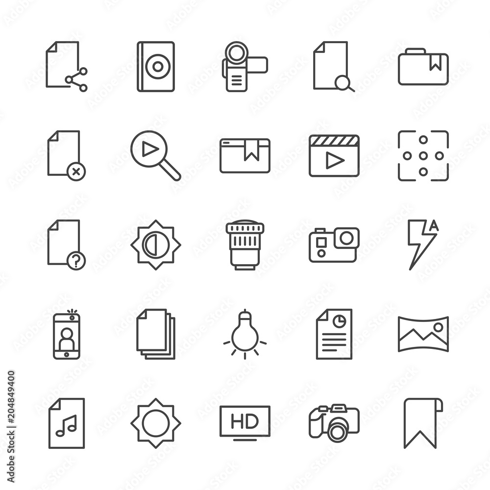 Modern Simple Set of video, photos, bookmarks, files Vector outline Icons. Contains such Icons as tag, cd, high, panorama, report, hd and more on white background. Fully Editable. Pixel Perfect. Modern Simple Set of video, photos, bookmarks, files Vector outline Icons. Contains such Icons as tag, cd, high, panorama, report, hd and more on white background. Fully Editable. Pixel Perfect.