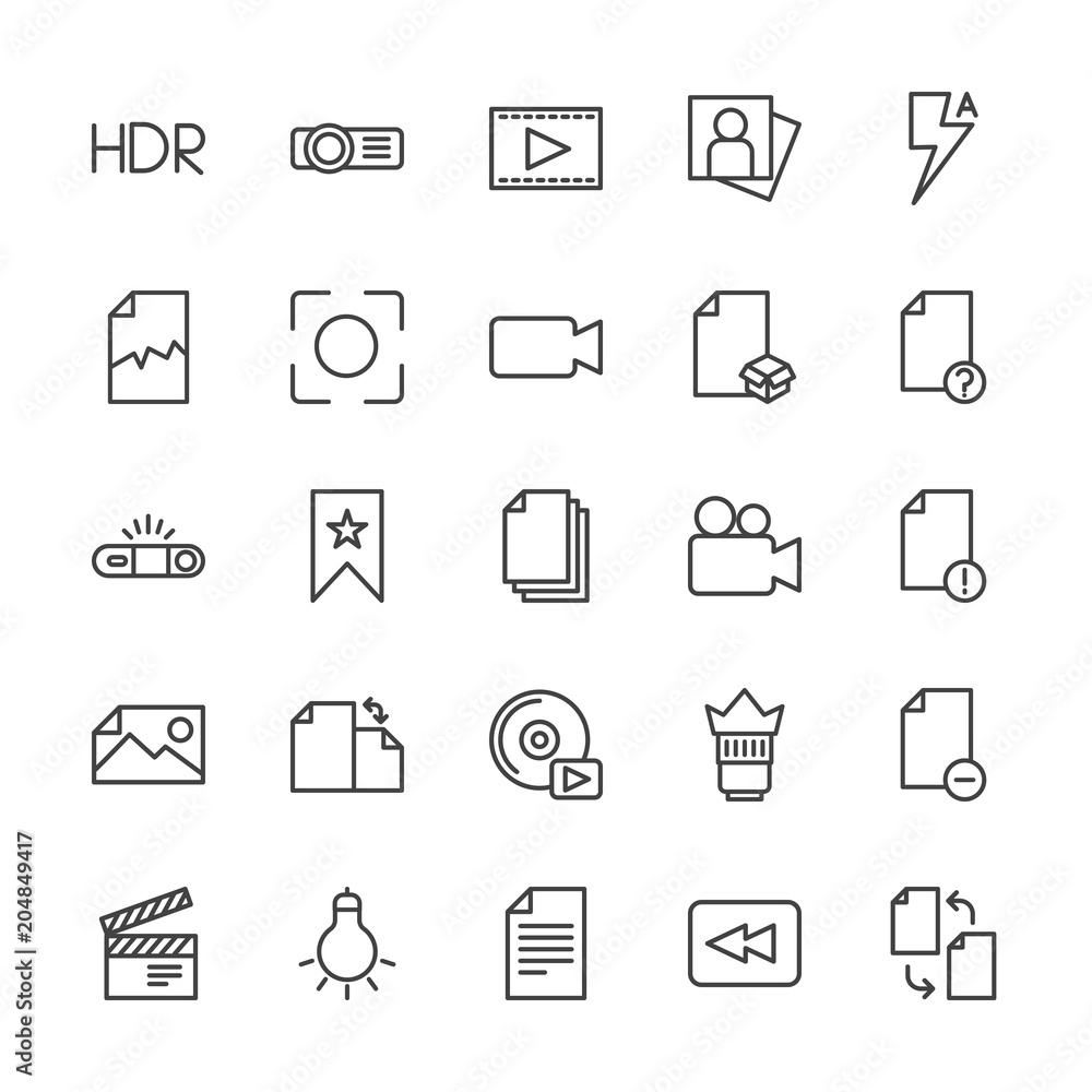 Modern Simple Set of video, photos, bookmarks, files Vector outline Icons. Contains such Icons as  light, hdr, change,  delete, bulb, file and more on white background. Fully Editable. Pixel Perfect.