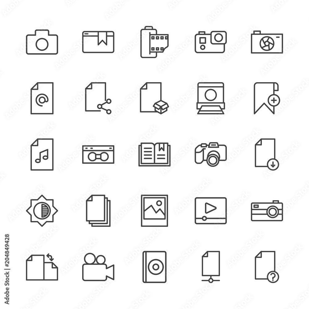 Modern Simple Set of video, photos, bookmarks, files Vector outline Icons. Contains such Icons as  disc,  compact,  action,  retro,  lens and more on white background. Fully Editable. Pixel Perfect.