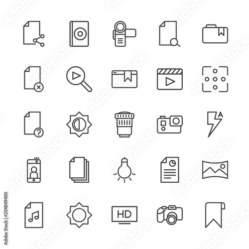 Modern Simple Set of video, photos, bookmarks, files Vector outline Icons. Contains such Icons as tag, cd, high, panorama, report, hd and more on white background. Fully Editable. Pixel Perfect.