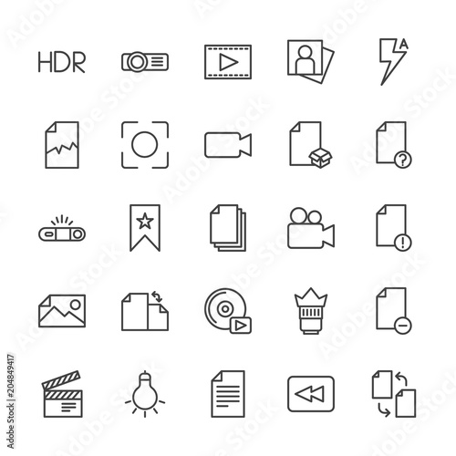 Modern Simple Set of video, photos, bookmarks, files Vector outline Icons. Contains such Icons as light, hdr, change, delete, bulb, file and more on white background. Fully Editable. Pixel Perfect.