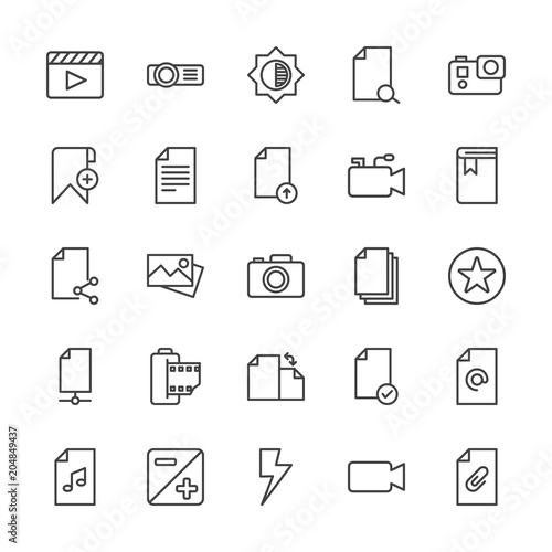 Modern Simple Set of video, photos, bookmarks, files Vector outline Icons. Contains such Icons as music, lens, projector, entertainment and more on white background. Fully Editable. Pixel Perfect.