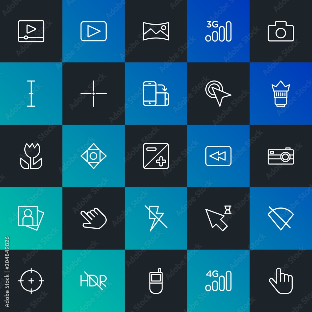 Modern Simple Set of mobile, video, photos, cursors Vector outline Icons. Contains such Icons as 3g, nature, connection, hdr and more on dark and gradient background. Fully Editable. Pixel Perfect. Modern Simple Set of mobile, video, photos, cursors Vector outline Icons. Contains such Icons as 3g, nature, connection, hdr and more on dark and gradient background. Fully Editable. Pixel Perfect.