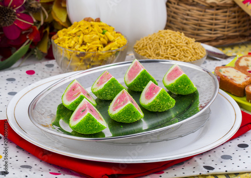 Indian Sweet Food Watermelon shaped Mawa Burfi photo