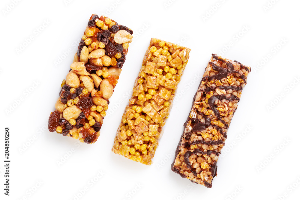 Healthy granola munchies on white background Healthy granola munchies on white background