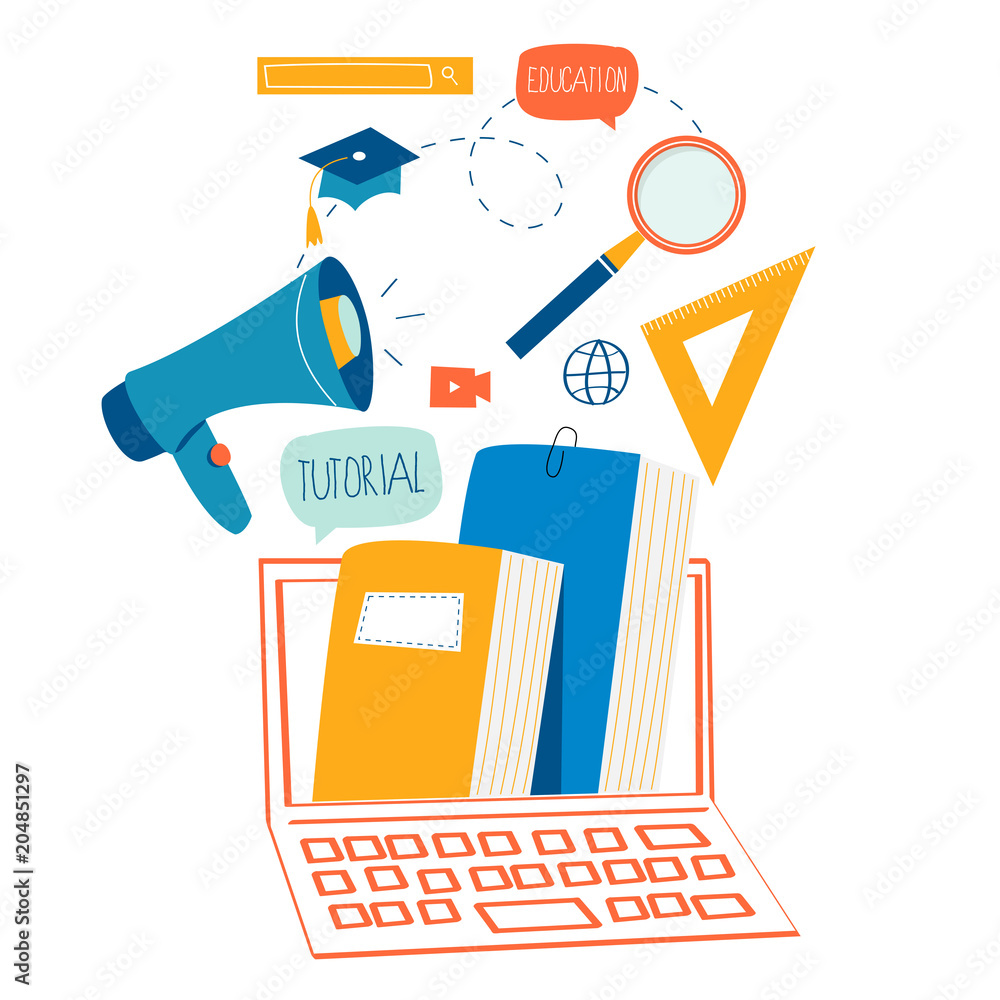 Education, online training courses, distance education flat vector illustration. Internet studying, online book, tutorials, e-learning, online education design for mobile and web graphics Education, online training courses, distance education flat vector illustration. Internet studying, online book, tutorials, e-learning, online education design for mobile and web graphics