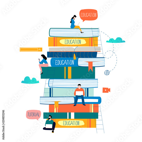 Education, online training courses, distance education flat vector illustration. Internet studying, online book, tutorials, e-learning, online education design for mobile and web graphics