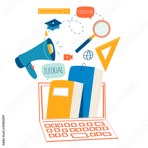 Education, online training courses, distance education flat vector illustration. Internet studying, online book, tutorials, e-learning, online education design for mobile and web graphics