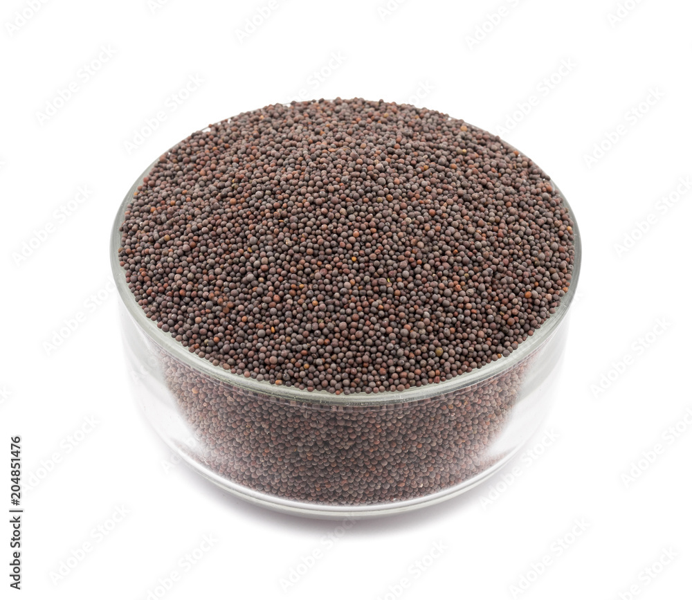 Brown Mustard Seeds in Glass Bowl Also Know as Rai Spice isolated on White Background Brown Mustard Seeds in Glass Bowl Also Know as Rai Spice isolated on White Background