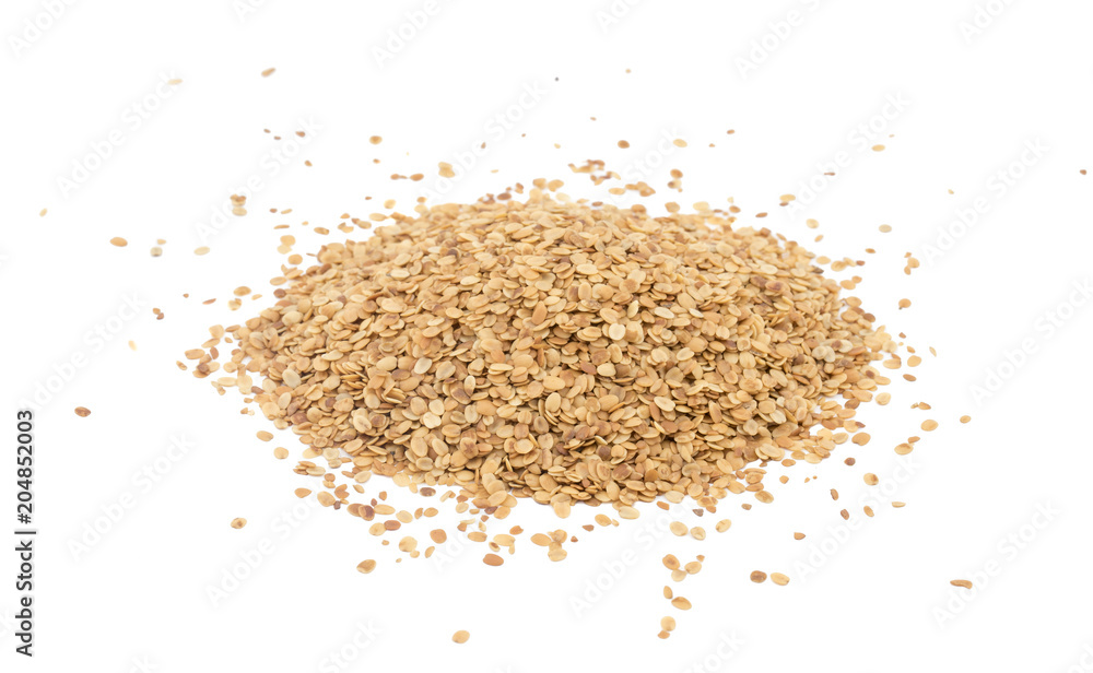 Split Roasted Coriander Seeds also know as Dhana Dal or Sukh Mukh isolated on White Background Split Roasted Coriander Seeds also know as Dhana Dal or Sukh Mukh isolated on White Background