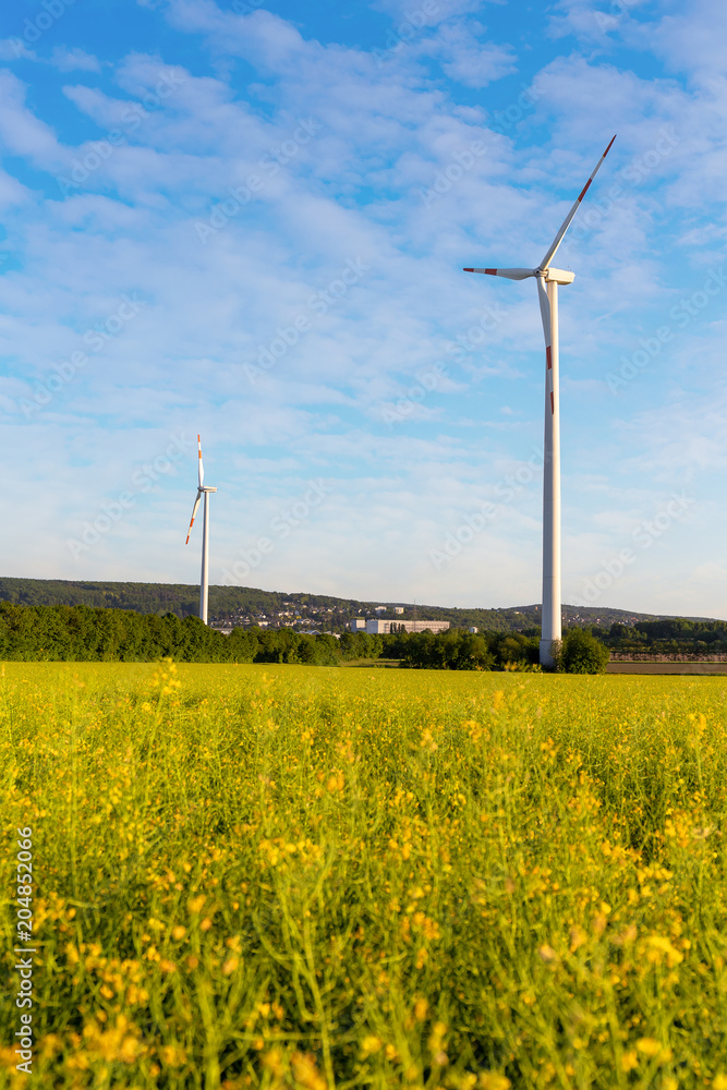 Windrad auf einem gelben Rapsfeld mit blauem Himmel Windrad auf einem gelben Rapsfeld mit blauem Himmel