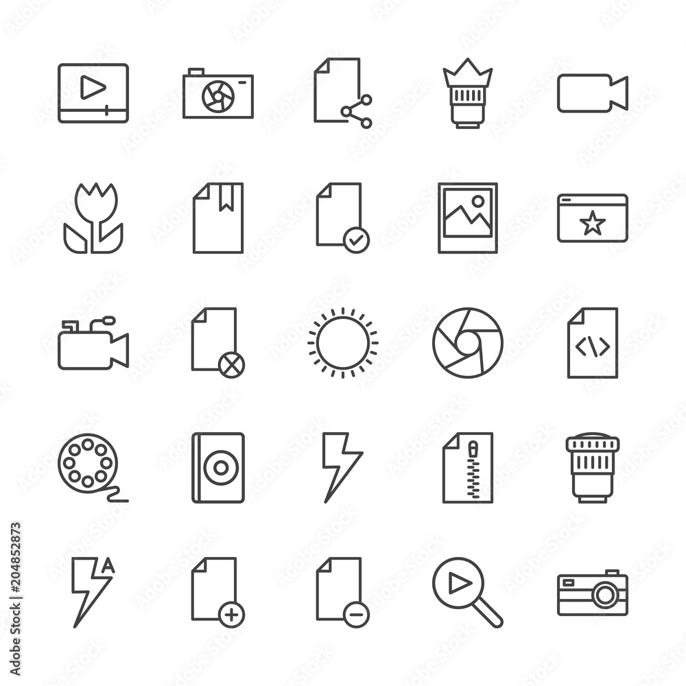 Modern Simple Set of video, photos, bookmarks, files Vector outline Icons. Contains such Icons as remove,  digital, technology,  element and more on white background. Fully Editable. Pixel Perfect.