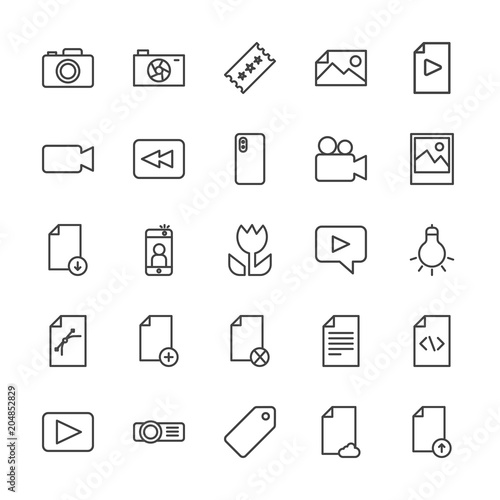 Modern Simple Set of video, photos, bookmarks, files Vector outline Icons. Contains such Icons as game, internet, movie, business, sale and more on white background. Fully Editable. Pixel Perfect.