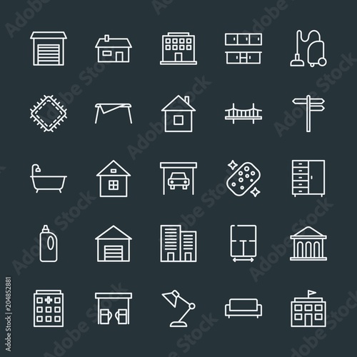 Modern Simple Set of buildings, furniture, housekeeping Vector outline Icons. Contains such Icons as property, kitchen, storage, industry and more on dark background. Fully Editable. Pixel Perfect.