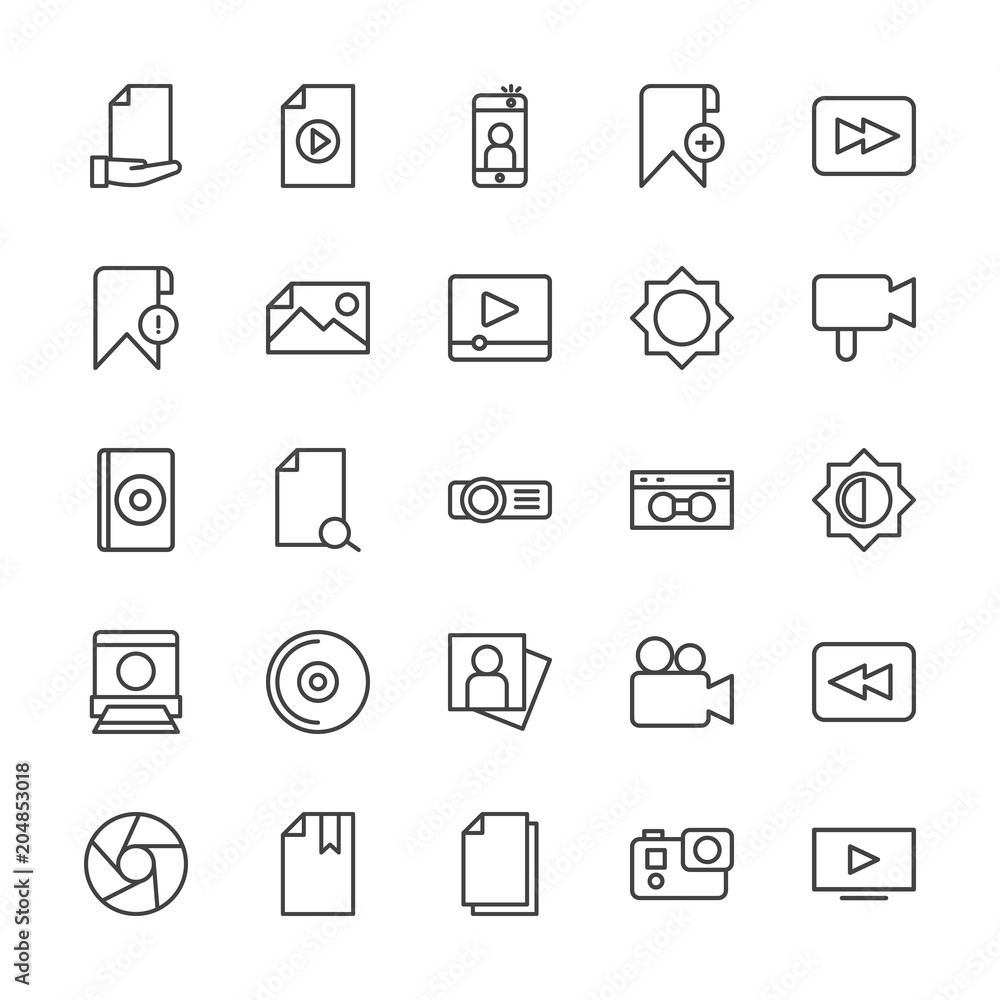 Modern Simple Set of video, photos, bookmarks, files Vector outline Icons. Contains such Icons as  data, business, camera,  scroll, video and more on white background. Fully Editable. Pixel Perfect.