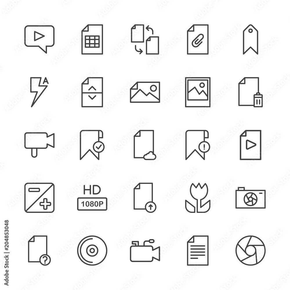 Modern Simple Set of video, photos, bookmarks, files Vector outline Icons. Contains such Icons as sheet,  music,  document,  internet, file and more on white background. Fully Editable. Pixel Perfect.