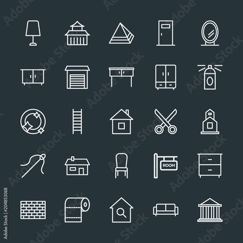 Modern Simple Set of buildings, furniture, housekeeping Vector outline Icons. Contains such Icons as  step,  architecture, pyramid, paper and more on dark background. Fully Editable. Pixel Perfect.