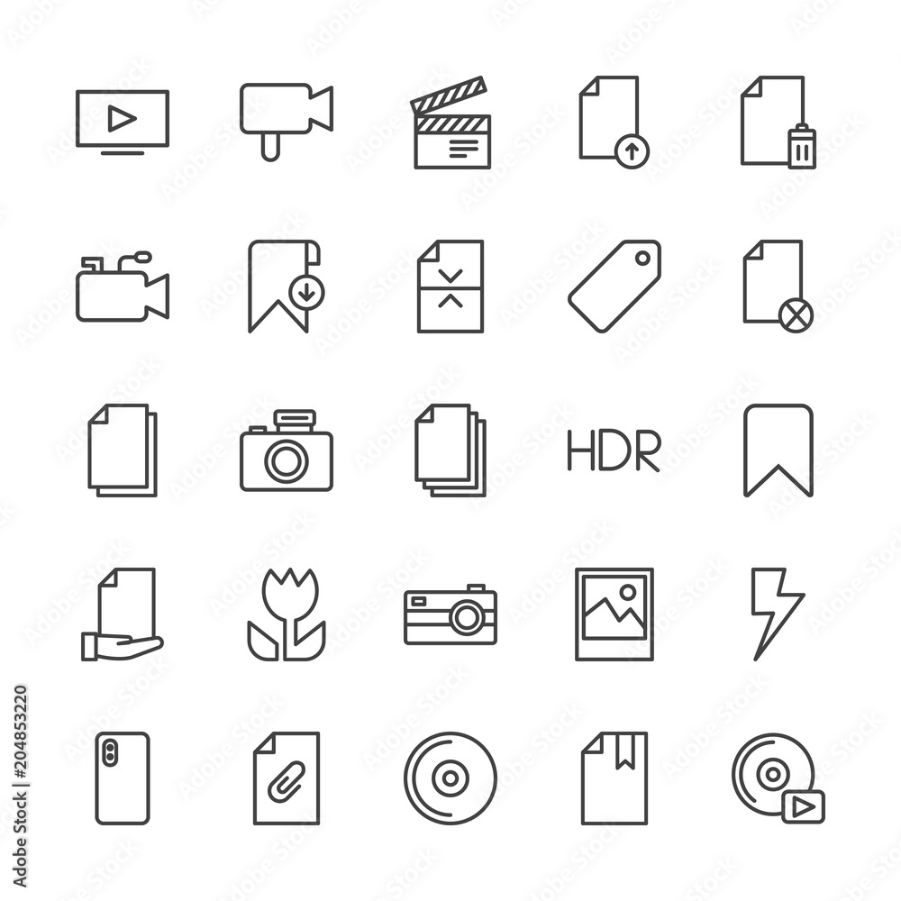 Modern Simple Set of video, photos, bookmarks, files Vector outline Icons. Contains such Icons as  technology,  flash, player,  disk,  cd and more on white background. Fully Editable. Pixel Perfect.