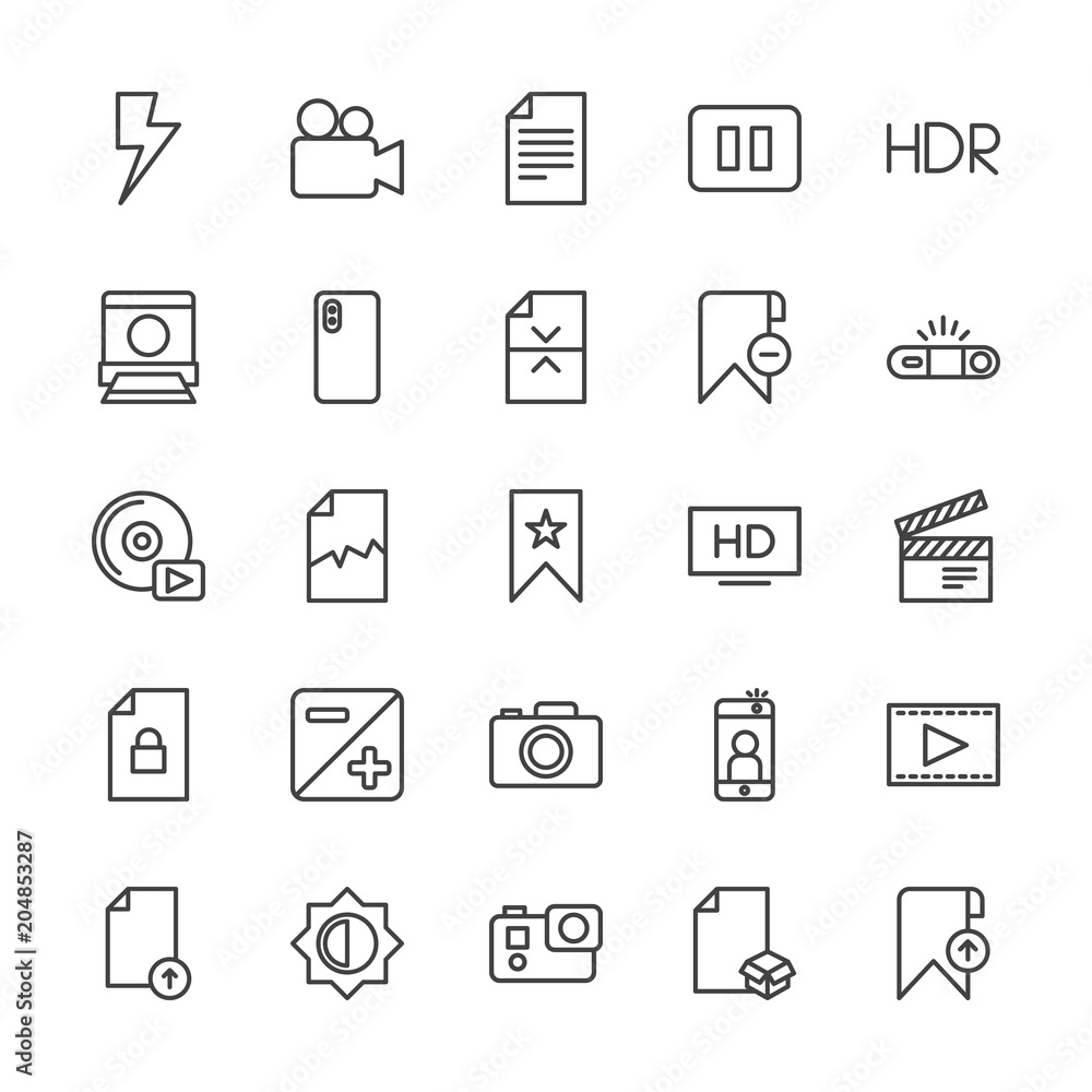 Modern Simple Set of video, photos, bookmarks, files Vector outline Icons. Contains such Icons as upload,  film,  internet, light,  mobile and more on white background. Fully Editable. Pixel Perfect.