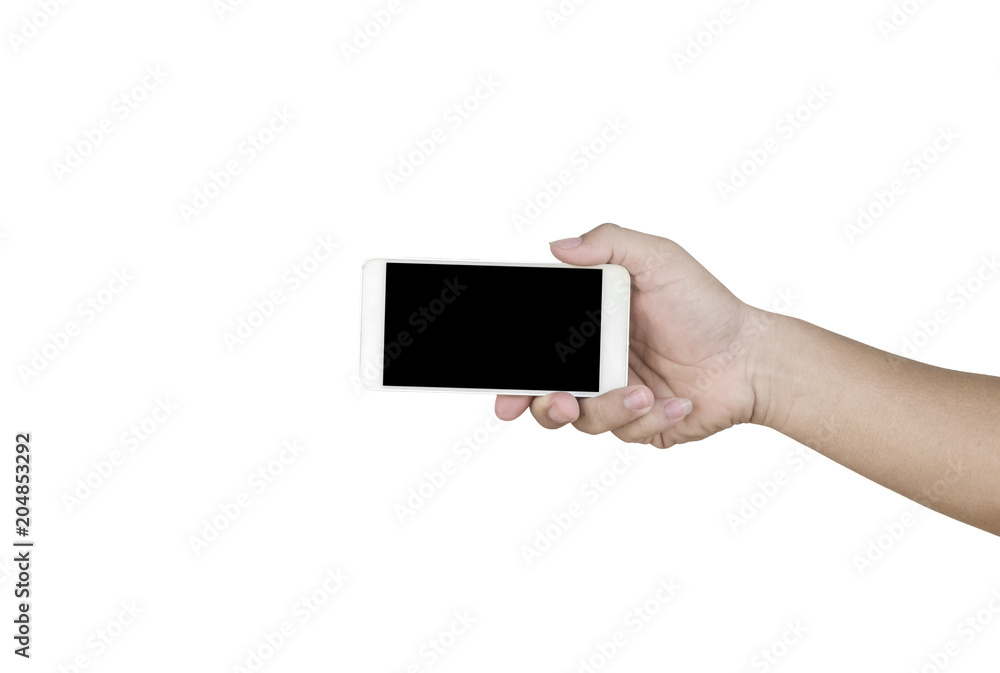 hand holding smartphone isolated on white clipping path inside hand holding smartphone isolated on white clipping path inside