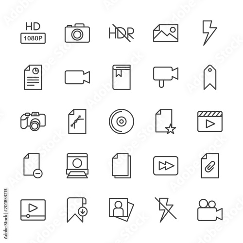 Modern Simple Set of video, photos, bookmarks, files Vector outline Icons. Contains such Icons as player, sign, photo, adult, portrait and more on white background. Fully Editable. Pixel Perfect.