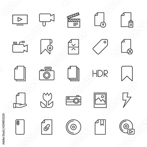 Modern Simple Set of video, photos, bookmarks, files Vector outline Icons. Contains such Icons as technology, flash, player, disk, cd and more on white background. Fully Editable. Pixel Perfect.