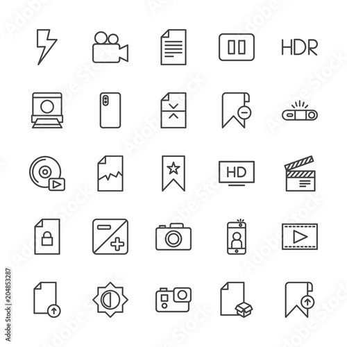 Modern Simple Set of video, photos, bookmarks, files Vector outline Icons. Contains such Icons as upload,  film,  internet, light,  mobile and more on white background. Fully Editable. Pixel Perfect. © djvectors