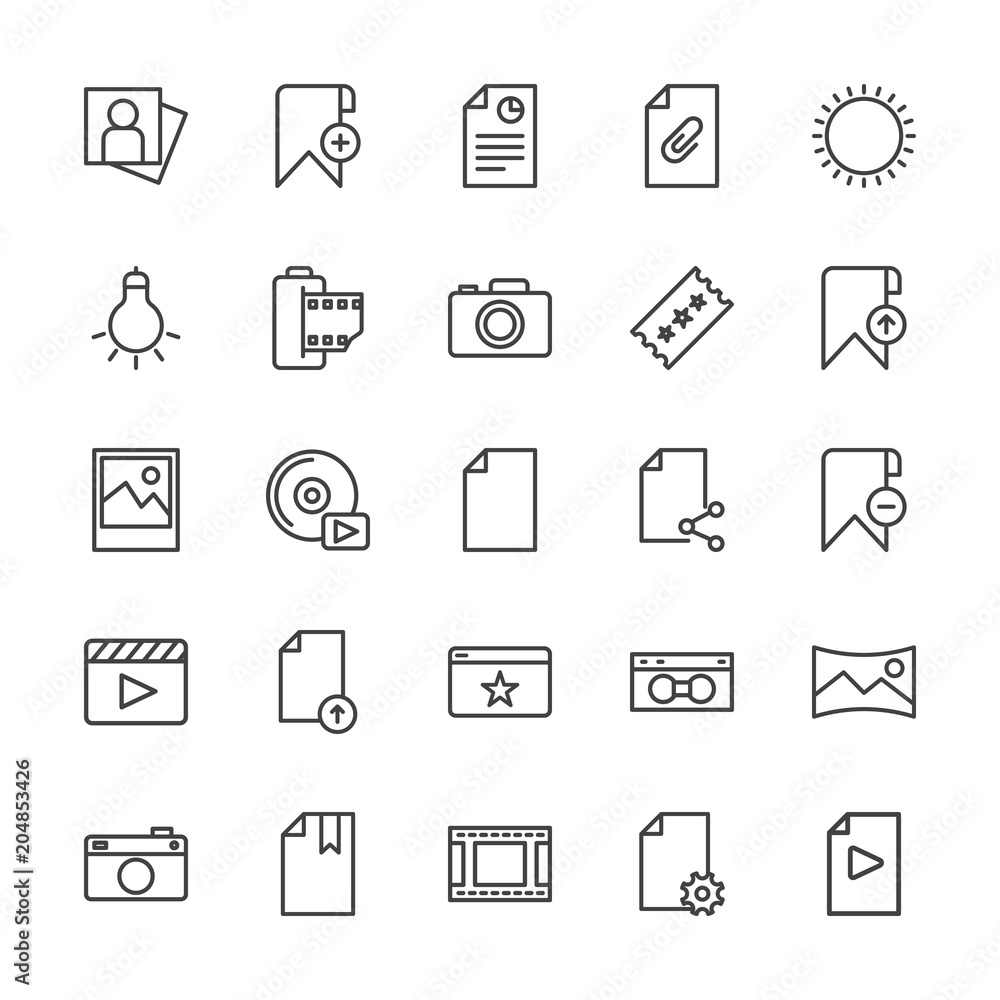 Modern Simple Set of video, photos, bookmarks, files Vector outline Icons. Contains such Icons as  cassette,  cd,  pocket, camera,  retro and more on white background. Fully Editable. Pixel Perfect.