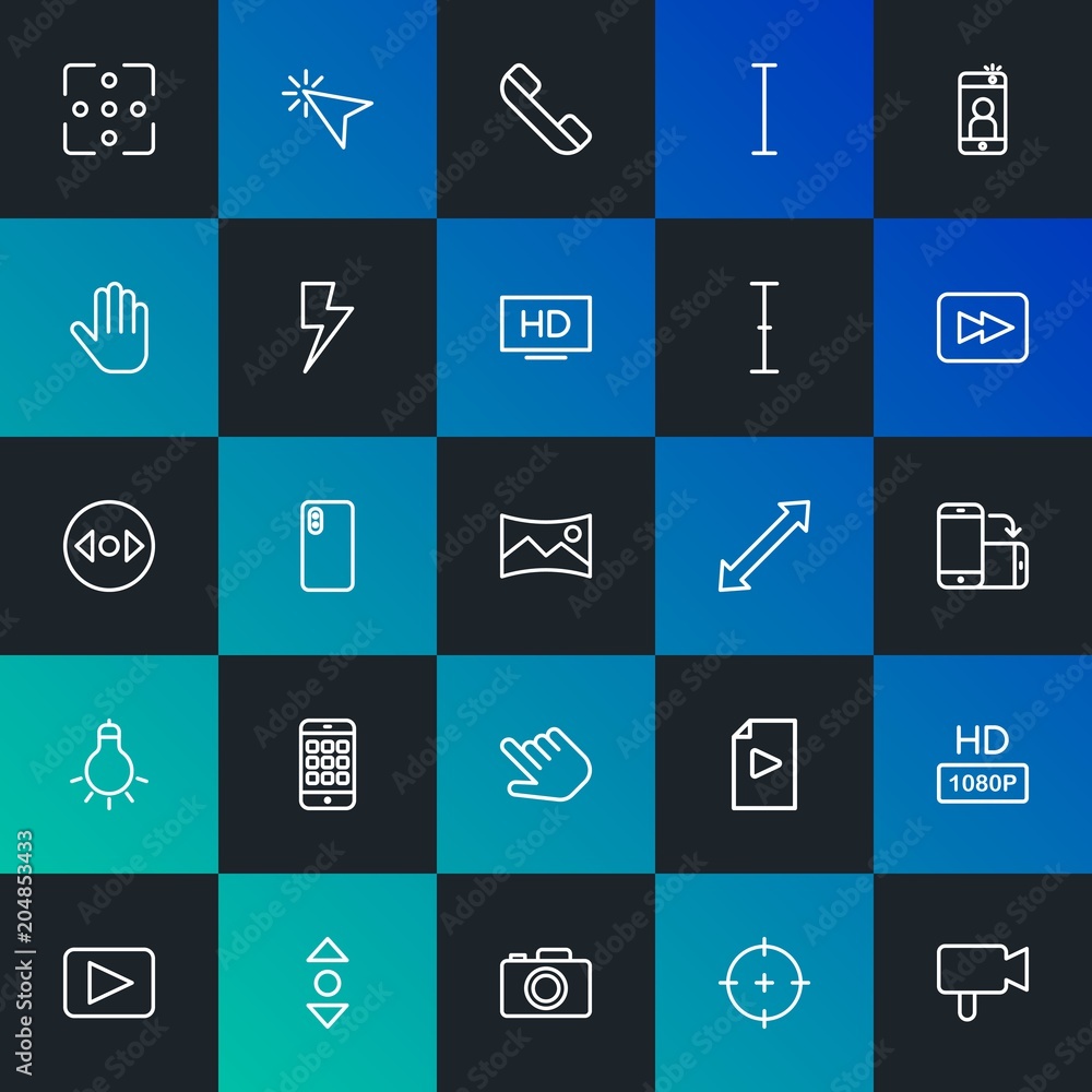 Modern Simple Set of mobile, video, photos, cursors Vector outline Icons. Contains such Icons as cursor,  button,  vertical, hd and more on dark and gradient background. Fully Editable. Pixel Perfect.