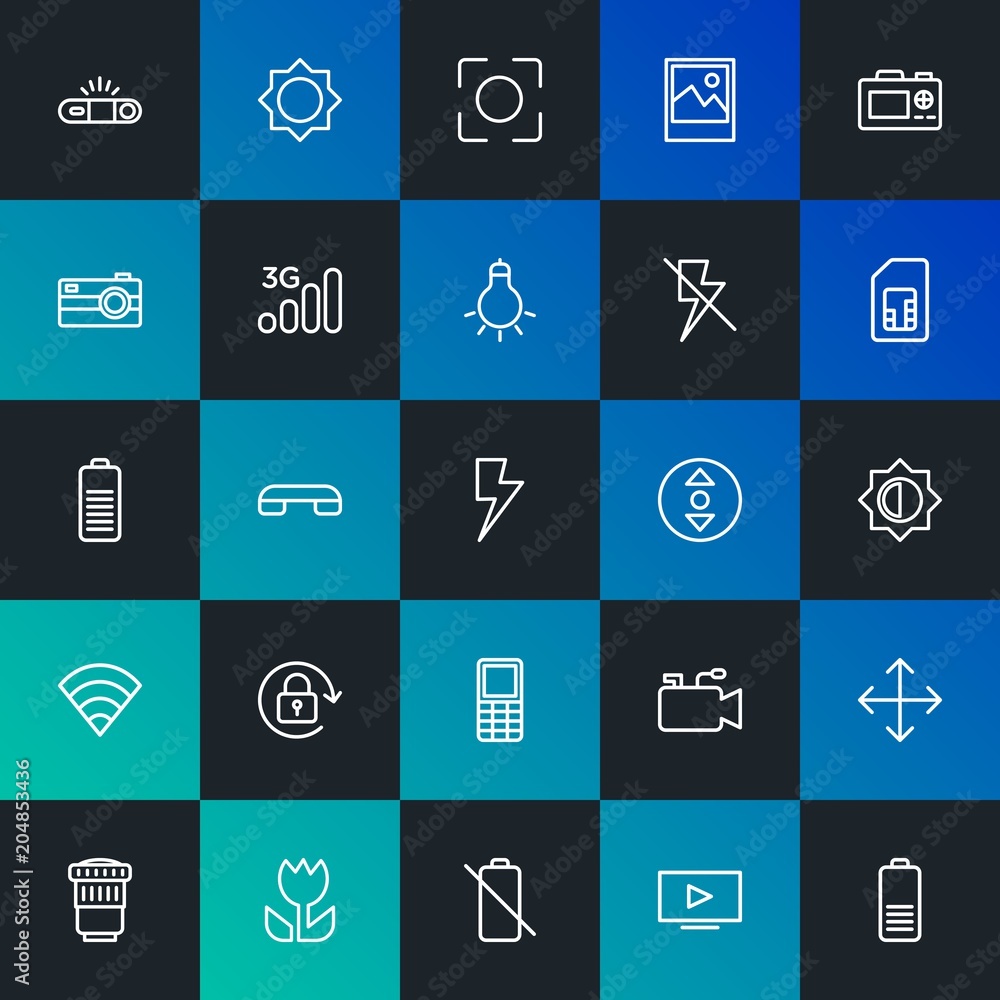 Modern Simple Set of mobile, video, photos, cursors Vector outline Icons. Contains such Icons as  cursor, camera,  phone,  no and more on dark and gradient background. Fully Editable. Pixel Perfect.