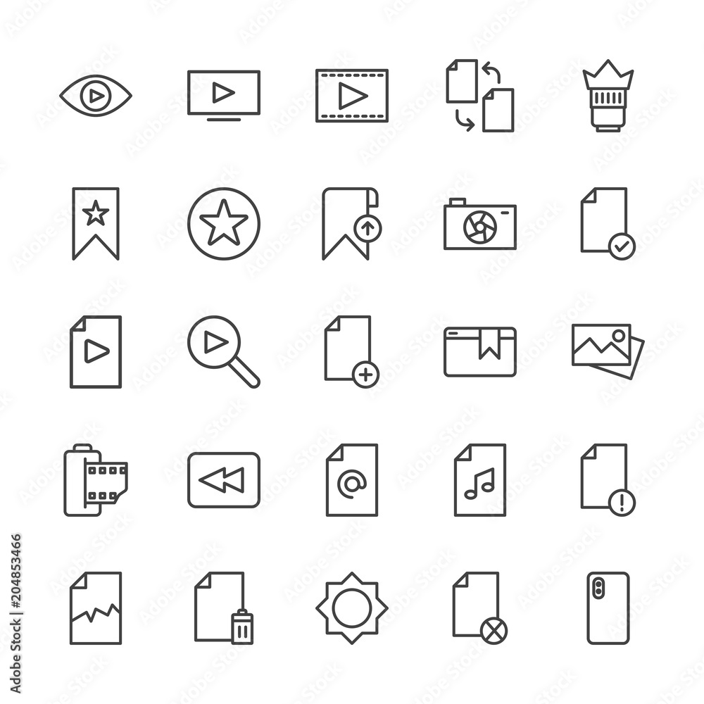Modern Simple Set of video, photos, bookmarks, files Vector outline Icons. Contains such Icons as  block, broken,  entertainment,  delete and more on white background. Fully Editable. Pixel Perfect.