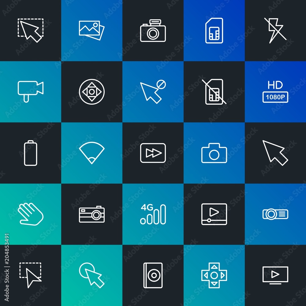 Modern Simple Set of mobile, video, photos, cursors Vector outline Icons. Contains such Icons as picture, off, play, phone and more on dark and gradient background. Fully Editable. Pixel Perfect. Modern Simple Set of mobile, video, photos, cursors Vector outline Icons. Contains such Icons as picture, off, play, phone and more on dark and gradient background. Fully Editable. Pixel Perfect.
