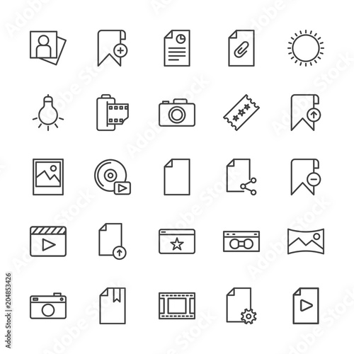 Modern Simple Set of video, photos, bookmarks, files Vector outline Icons. Contains such Icons as cassette, cd, pocket, camera, retro and more on white background. Fully Editable. Pixel Perfect.