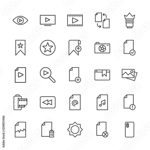 Modern Simple Set of video, photos, bookmarks, files Vector outline Icons. Contains such Icons as block, broken, entertainment, delete and more on white background. Fully Editable. Pixel Perfect.