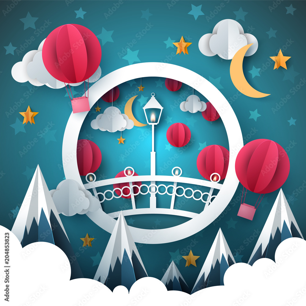 Naklejka premium Cartoon paper landscape. Bridge, mountain, air balloon, moon cloud illustration Vector eps 10